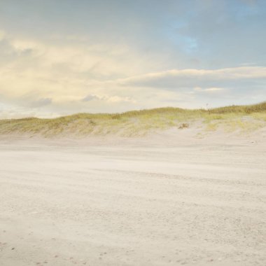 Gün batımında Baltık kıyısı. Kumsal, kum tepeleri, kum tepecikleri. Açık günbatımı gökyüzü, parlayan bulutlar. Idyllic manzara. Doğa, tatiller, eğlence. eko turizm