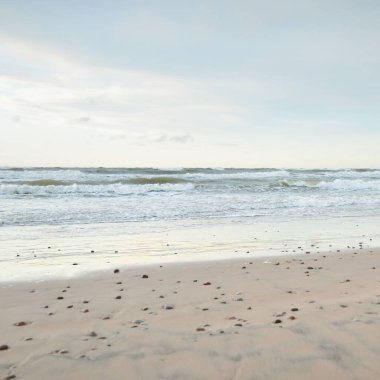 Gün batımında Baltık kıyısı. Açık günbatımı gökyüzü, parlayan bulutlar. Idyllic manzara. Doğa, tatiller, eğlence. Çevre turizmi. Panoramik görünüm