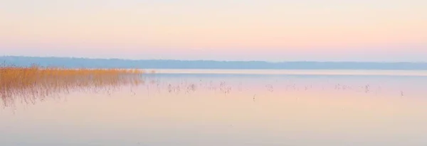 Lago Del Bosque Río Amanecer Luz Solar Suave Niebla Reflejos —  Fotos de Stock