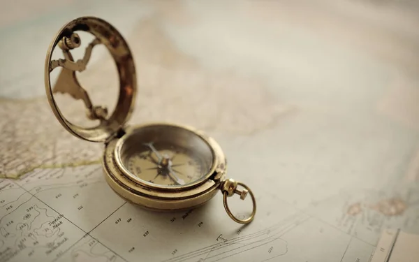 Retro Style Antique Golden Compass Sundial Old Nautical Chart Close —  Fotos de Stock