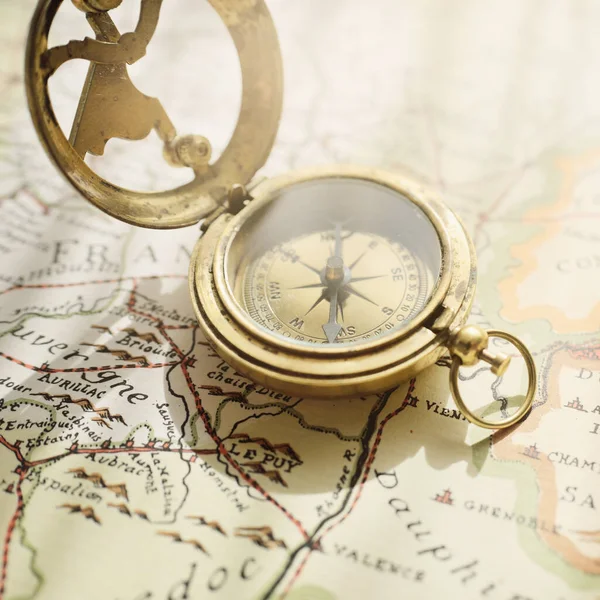 Retro Style Antique Golden Compass Sundial Old Nautical Chart Close — Stockfoto