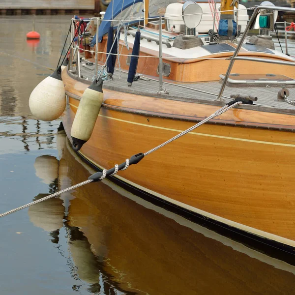 Modern Classic Wooden Swedish Cruising Sailboat Moored Pier Yacht Marina — стоковое фото