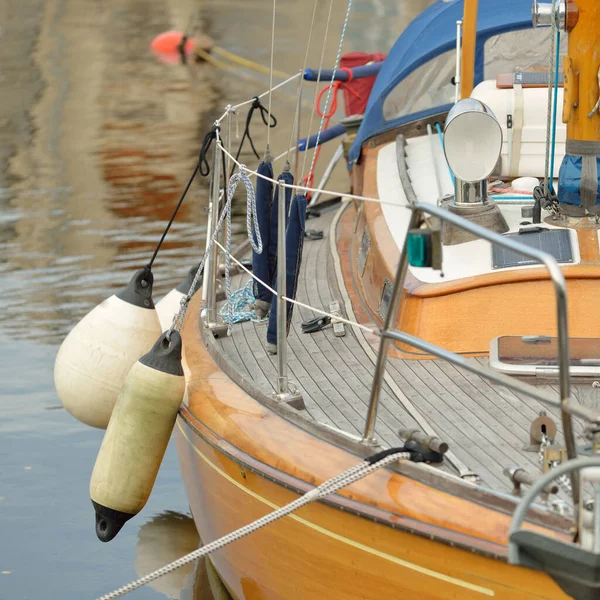 Modern Classic Wooden Swedish Cruising Sailboat Moored Pier Yacht Marina — 스톡 사진