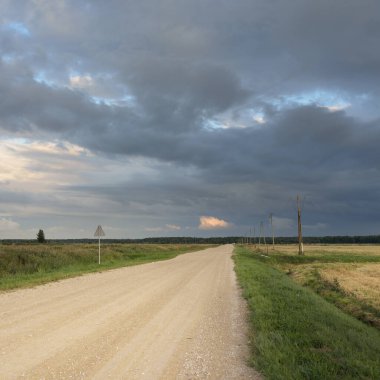 Fırtına sırasında tarımsal tarlalardan ve ormandan geçen boş bir köy yolu. Dramatik gökyüzü, kara bulutlar. Doğa, tatiller, özgürlük, uzak yerler, tehlikeli sürüş, kararsız hava kavramları