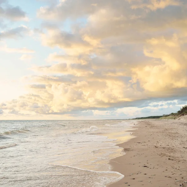Gün batımında Baltık kıyılarından panoramik manzara. Dramatik bulutlar, parlayan bulutlar, fırtınadan sonra altın güneş ışığı. Doğa, çevre, iklim değişikliği, kararsız hava