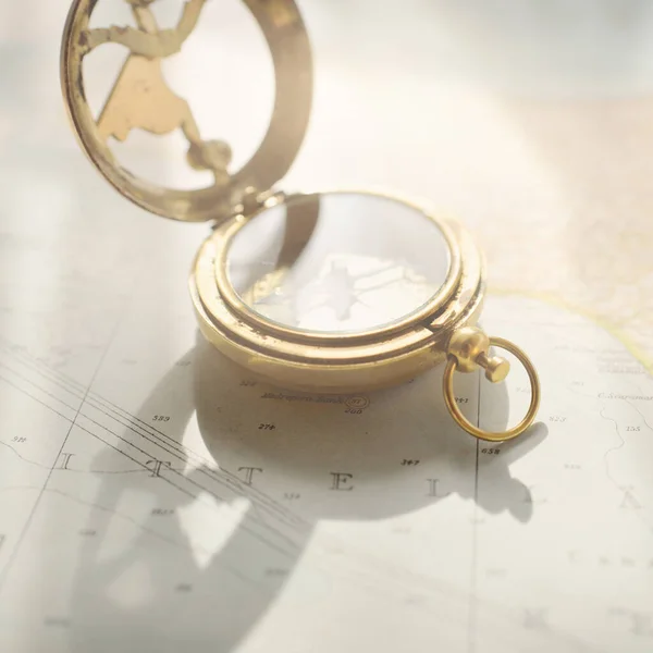 Retro Style Antique Golden Compass Sundial Old Nautical Chart Close — ストック写真