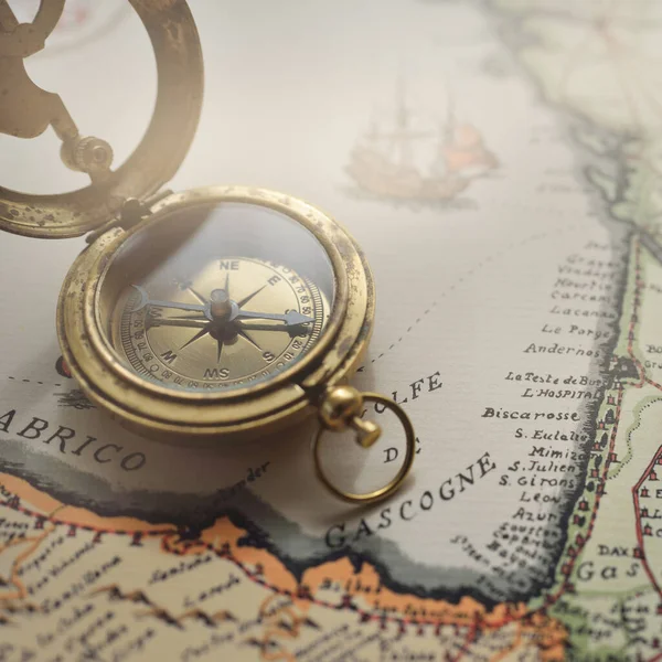 Retro Style Antique Golden Compass Sundial Old Nautical Chart Close — Stok Foto