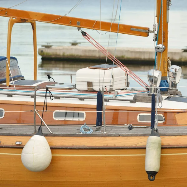 Modern Classic Wooden Swedish Cruising Sailboat Moored Pier Yacht Marina — стоковое фото