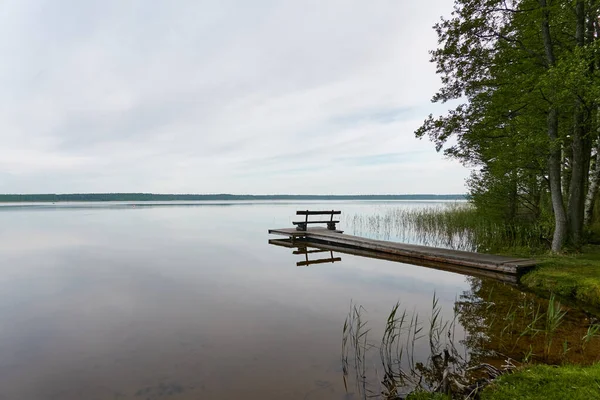 Busnieku Lake Ventspils Latvia Wooden Pier Bench Gloomy Sky Overcast — Stock Photo, Image
