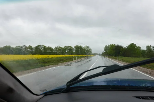 Pusta Autostrada Droga Asfaltowa Przez Pole Las Dramatyczne Chmury Burzowe — Zdjęcie stockowe