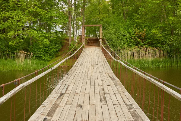 Fiume Parco Verde Della Foresta Moderno Ponte Legno Passerella Lettonia — Foto Stock
