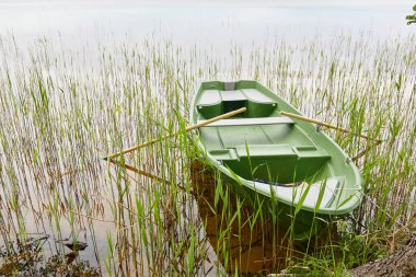 Orman gölüne demir atmış küçük yeşil bir tekne. İskandinavya. Ulaşım, geleneksel zanaat, eğlence, boş zaman aktivitesi, sağlıklı yaşam tarzı, yerel turizm, spor, kürek çekme, yürüyüş, yaz tatilleri temaları