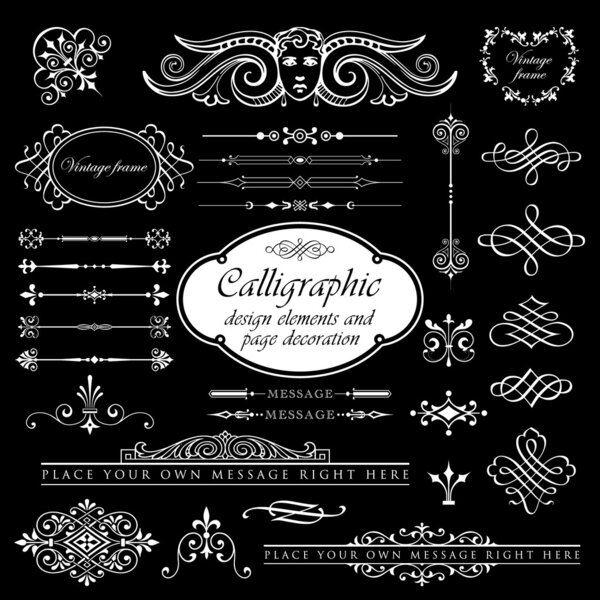 Calligraphic design elements and page decoration set 4 - Isolated On Black Background