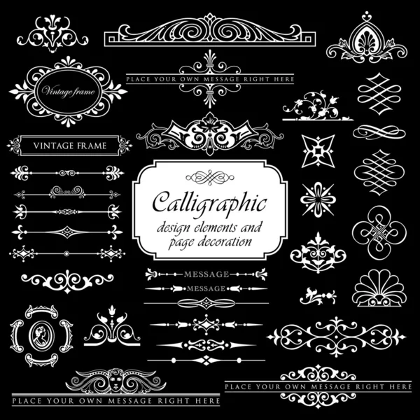 Kalligrafische ontwerpelementen en pagina decoratie set 3 - geïsoleerd op zwarte achtergrond — Stockvector