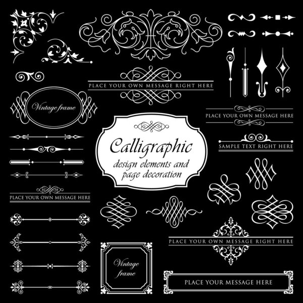 Calligraphic design elements and page decoration set 2 - Isolated On Black Background