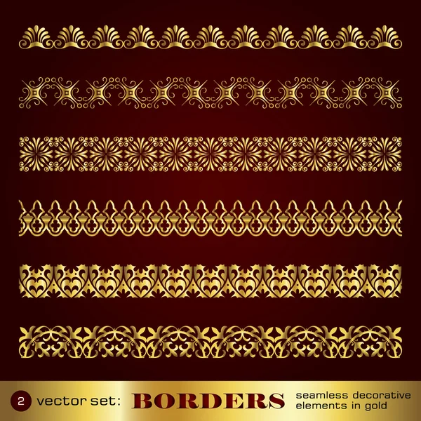 Borders seamless decorative elements in gold set 2 — Stock Vector