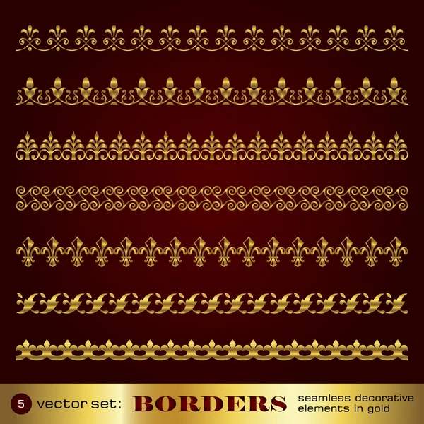 Fronteras elementos decorativos sin costuras en conjunto de oro 5 — Vector de stock