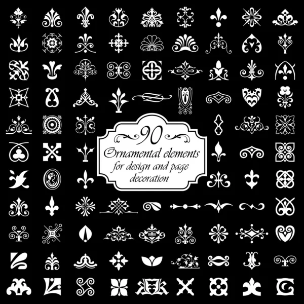 90 Elementos ornamentales para el diseño y la decoración de página - Aislado sobre fondo negro — Vector de stock