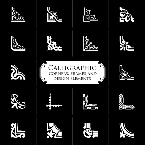 Cantos caligráficos, molduras e elementos de design isolados sobre fundo preto - conjunto 1 —  Vetores de Stock