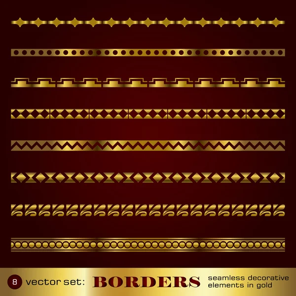 Fronteras elementos decorativos sin costuras en conjunto de oro 8 — Vector de stock