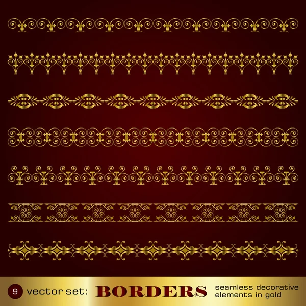 Borders seamless decorative elements in gold set 9 — Stock Vector