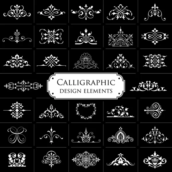Kalligrafische ontwerpelementen geïsoleerd op zwarte achtergrond - set 1 — Stockvector
