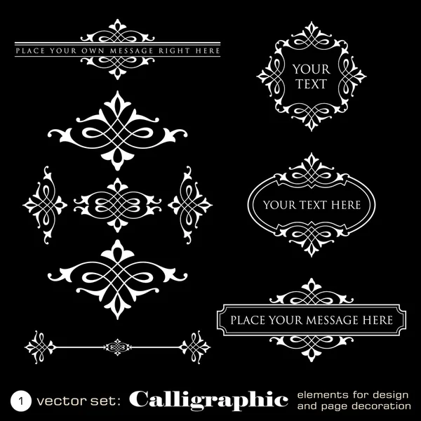 Elementos caligráficos para el diseño y decoración de páginas aislados sobre fondo negro - set 1 — Vector de stock