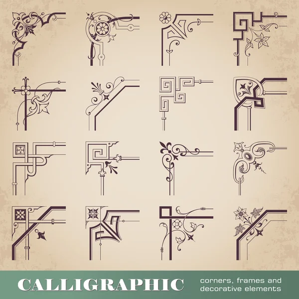 Esquinas caligráficas, marcos y elementos decorativos — Vector de stock