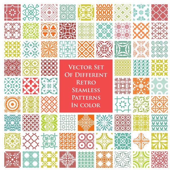 Vector set of different retro seamless patterns in color