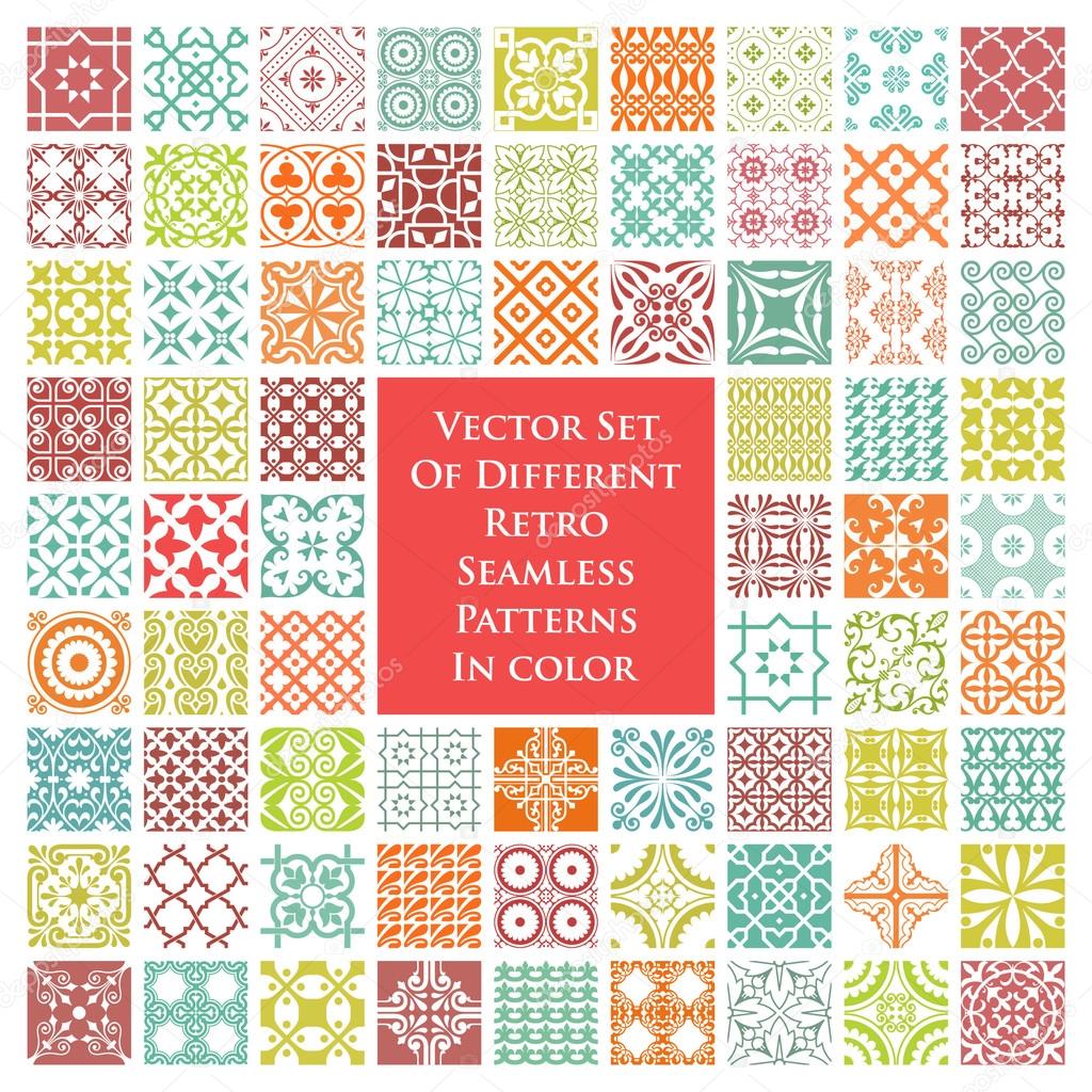 Vector set of different retro seamless patterns in color