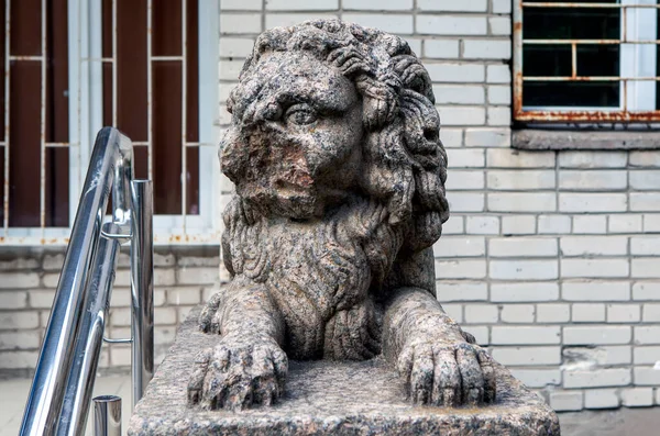 Αρχαίο Λιοντάρι Γρανίτη Μπροστά Από Κτίριο Διοίκησης Χωριό Λοπουκίνκα Περιφέρεια — Φωτογραφία Αρχείου