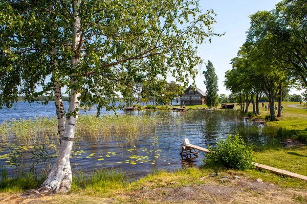 Traditionella Karelska Båtar Och Sergeevs Hus Från Byn Logmoruchey Kizhi Stockbild