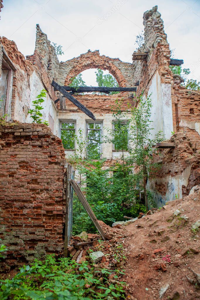 Ruins of the Lopukhinka estate. Inside view. Lopukhinka village. Lomonosov district. Leningrad region. Russia. August 14, 2021