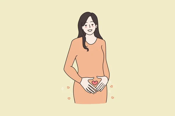 Uśmiechnięta kobieta w ciąży trzyma ręce na brzuchu — Wektor stockowy