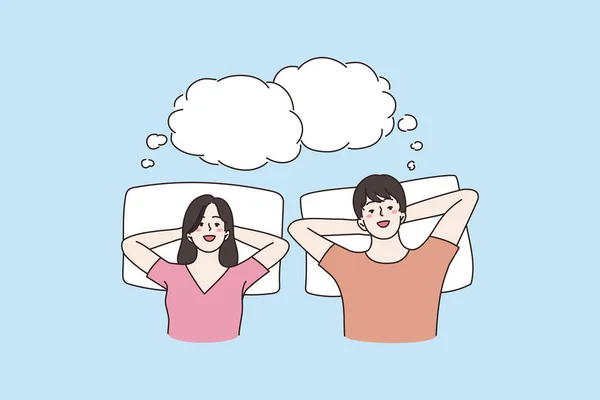 Happy couple relaxing in bed dreaming together — Stock Vector