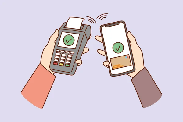 Masyarakat menggunakan pembayaran nirkontak dengan smartphone dan terminal bank - Stok Vektor