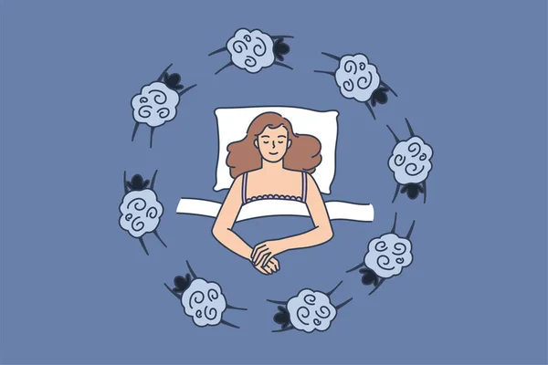 Wanita yang berbaring di tempat tidur menderita insomnia menghitung domba - Stok Vektor