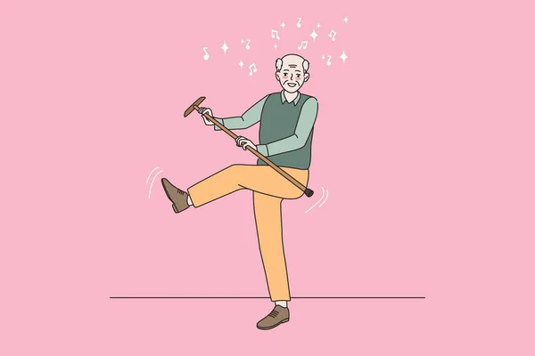 Souriant homme âgé détendre danser avec bâton de marche — Image vectorielle