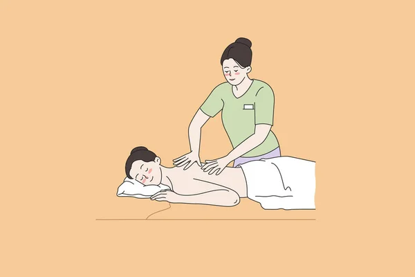 Mujer feliz masajeada en moderno salón de spa de lujo — Vector de stock