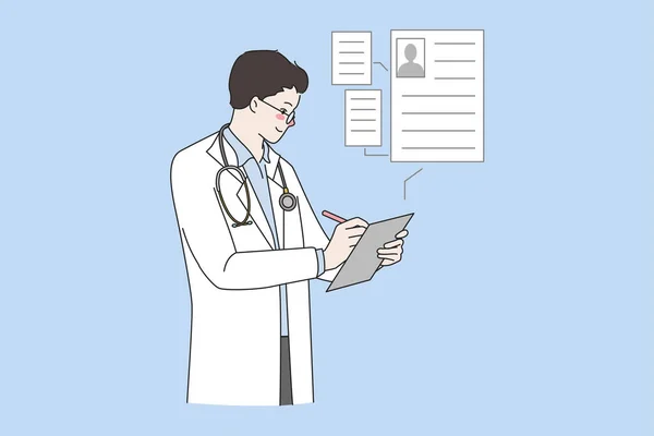 Hombre médico llenar la información del paciente en la tarjeta digital pad — Vector de stock