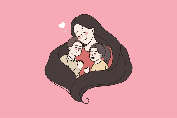 Cuidar mamá abrazo dos niños pequeños mostrar amor — Vector de stock