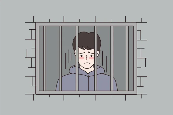 Nešťastný muž odsouzený za mřížemi ve vězení — Stockový vektor