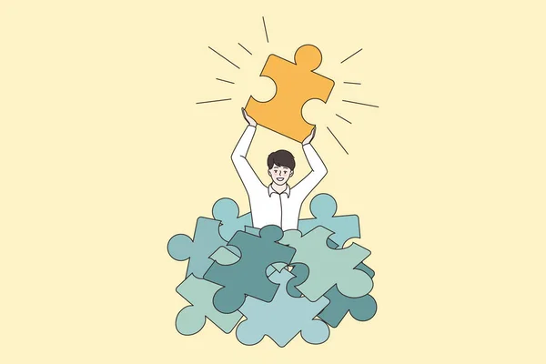 Šťastný muž držet puzzle najít obchodní řešení — Stockový vektor