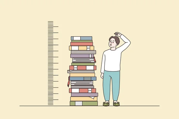 Muchacho midiendo soporte de crecimiento cerca de libros pila — Vector de stock