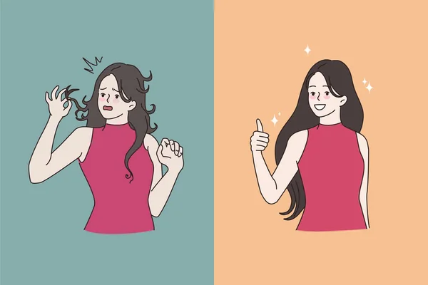 Femme avant et après le traitement de salon de coiffure — Image vectorielle