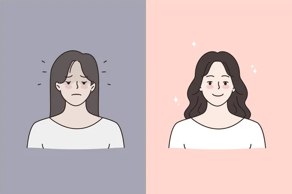 Mujer antes y después de la sesión de recuperación — Vector de stock