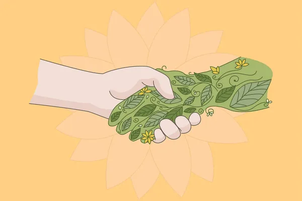 人間の握手緑の植物は自然へのケアを示す — ストックベクタ