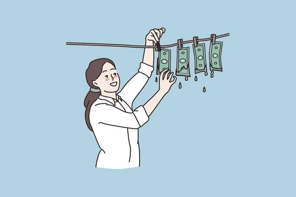 Mujer blanqueando dinero sucio en la cuerda de ropa — Vector de stock