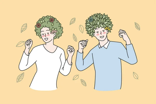 La gente feliz tiene plantas verdes en la cabeza — Vector de stock