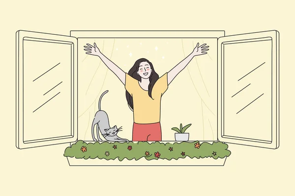 Mujer feliz mirar por la ventana respirando aire fresco — Vector de stock